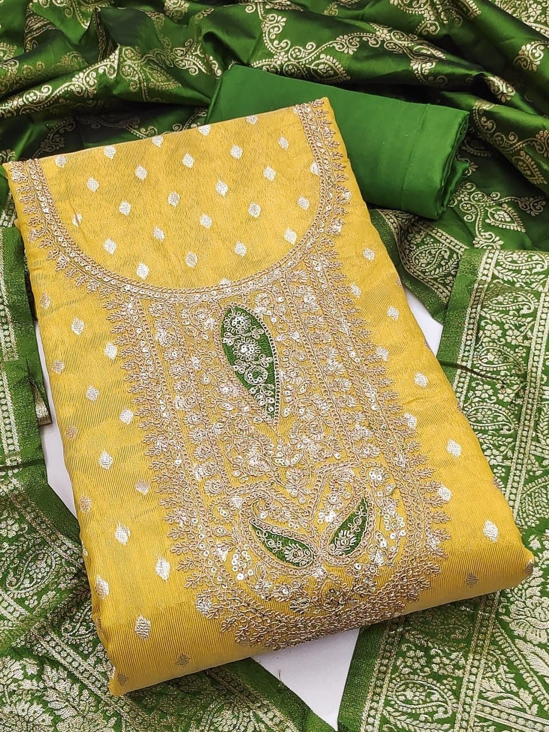 Yellow Simmer Silk Jacquard With Codding Work Unstitched Dress Material