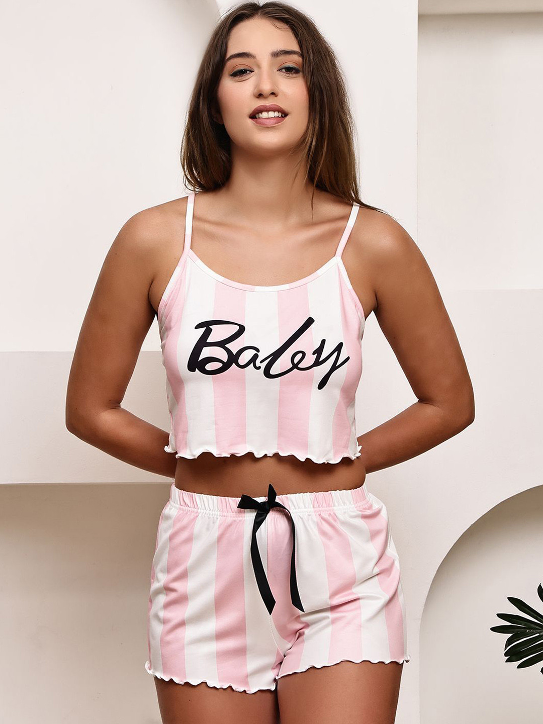Quttos Women Striped Crop Top and Shorts Night suit