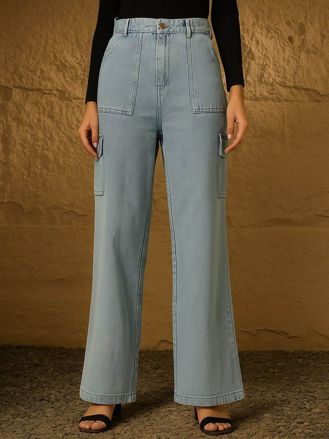 R.Code by The Roadster Life Co. Women Flared High-Rise Clean Look Cargo Jeans