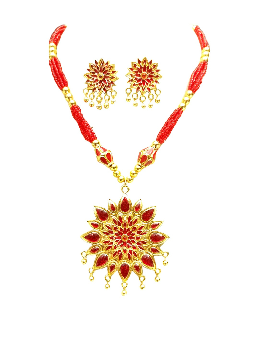 Balaji Gold Women Red & Gold Copper With Artificial Stone & Beads Jewellery Set