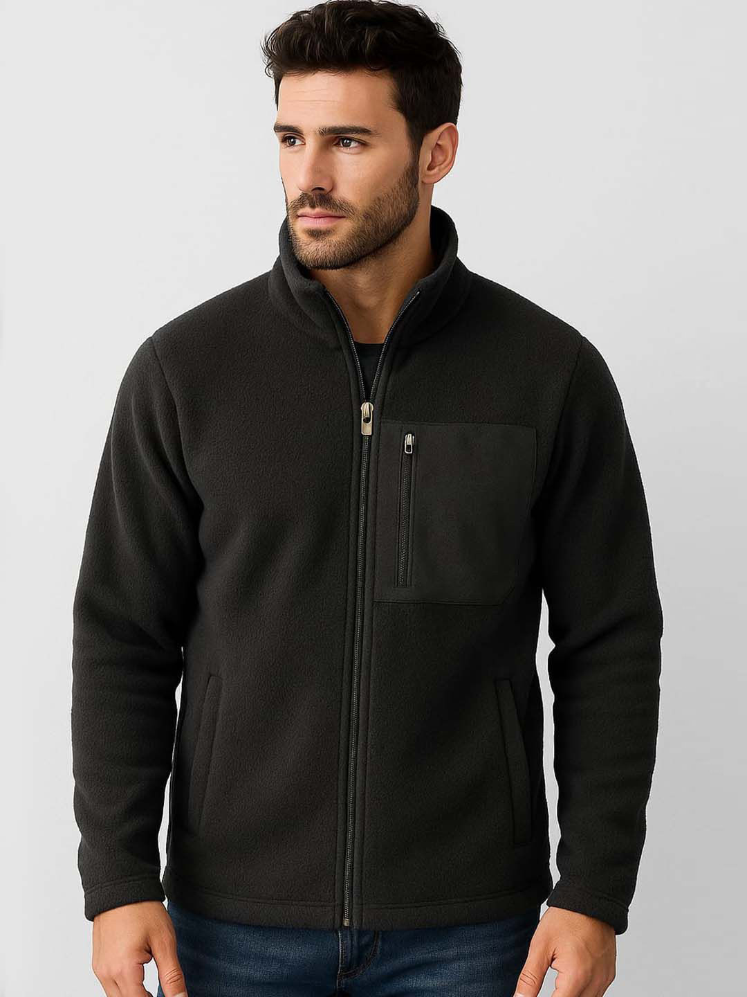 Organic Chics Men Stand Collar Solid Insulator Sherpa Jacket