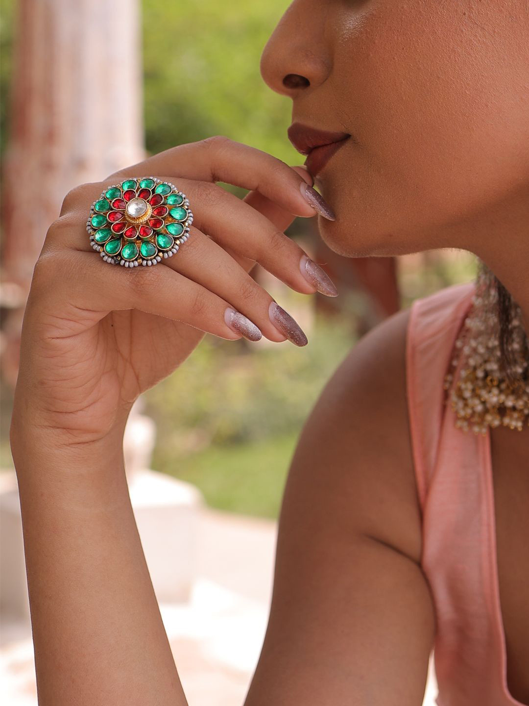 Binnis Wardrobe Gold-Plated Sahin Kundan Studded Adjustable Finger Ring