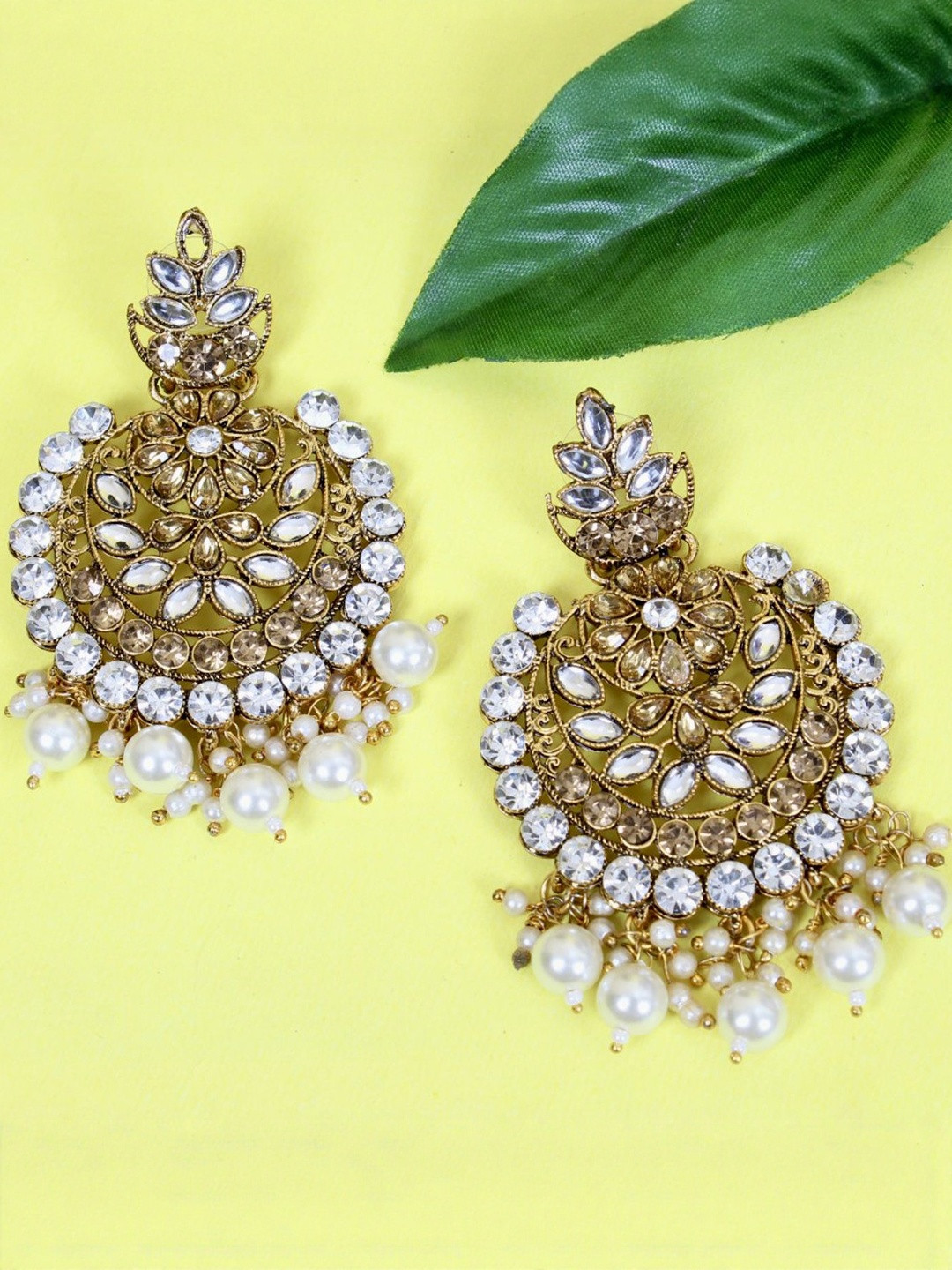Antique Gold-Plated Kundan Chandbali Earrings with Pearls