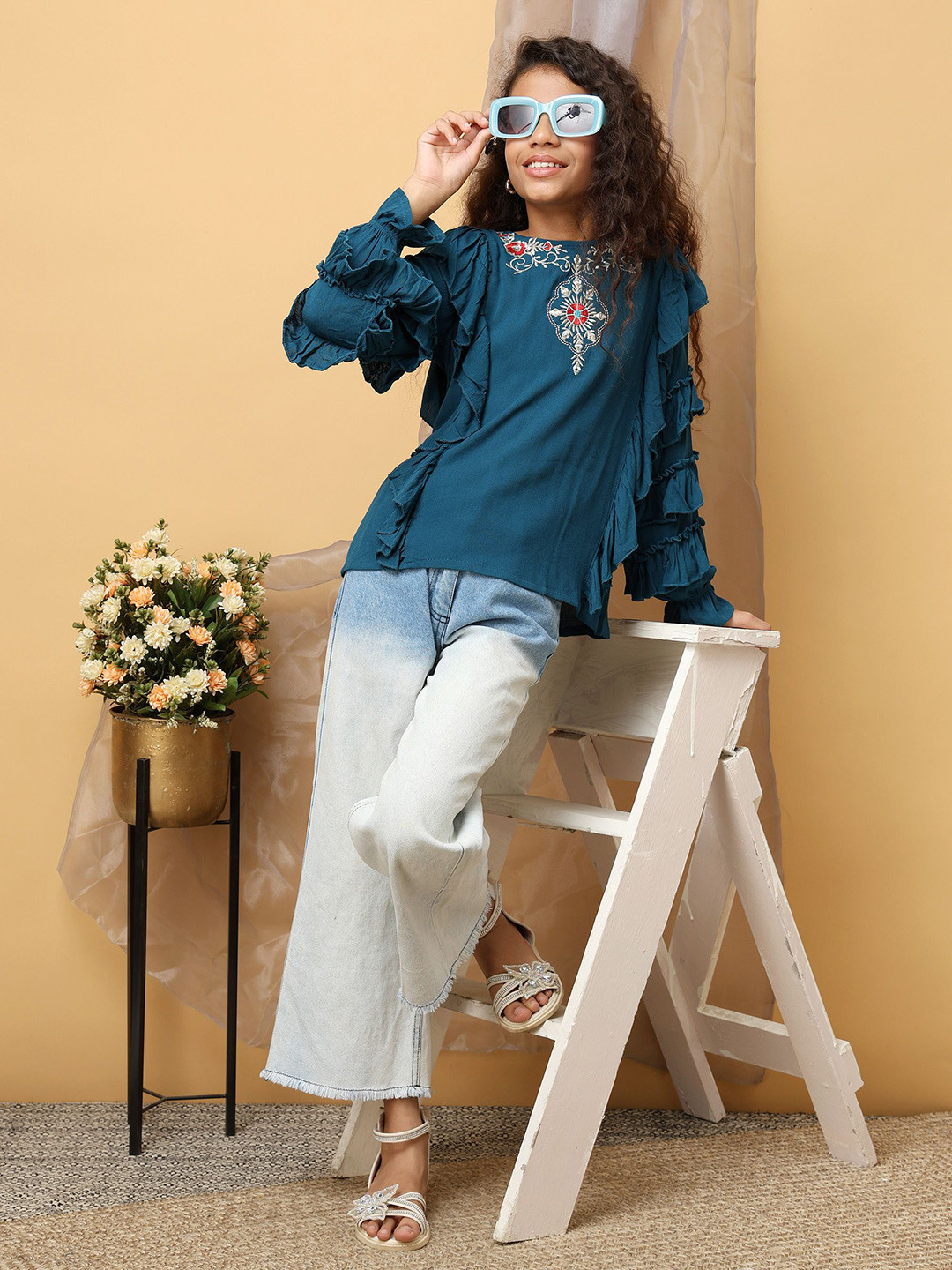 BAESD Girls Floral Embroidered Ruffle Sleeve Top