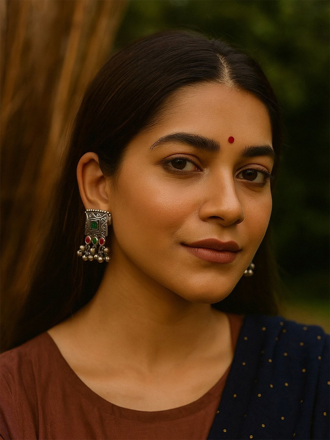 Digital Dress Room Silver-Plated Ghungroo Beaded & Studded Oxidised Square Shaped Studs