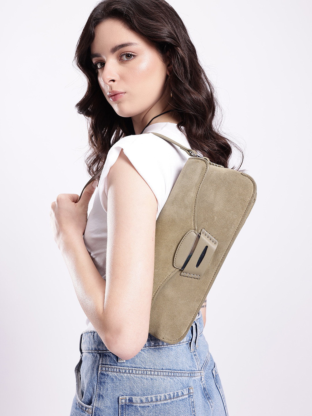 MANGO Mask Solid Suede Small East West Baguette Bag