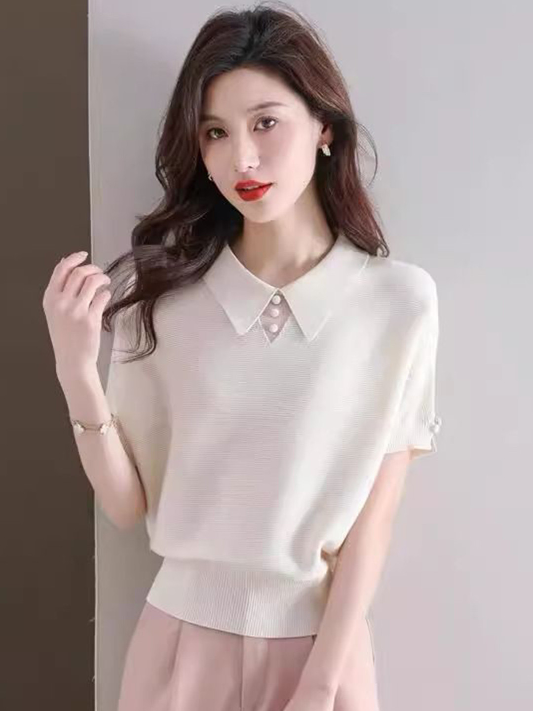 StyleCast Shirt Collar Ribbed Hem Cotton Top