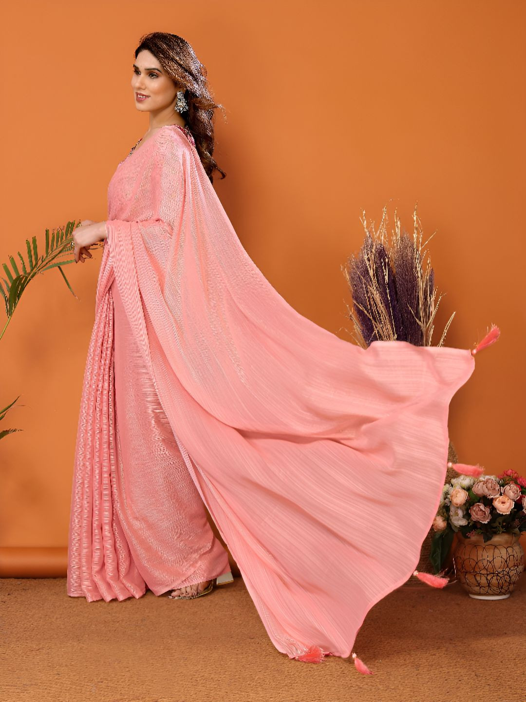 V3 FASHION STUDIO Textured Saree With Kalamkari Printed Blouse Piece