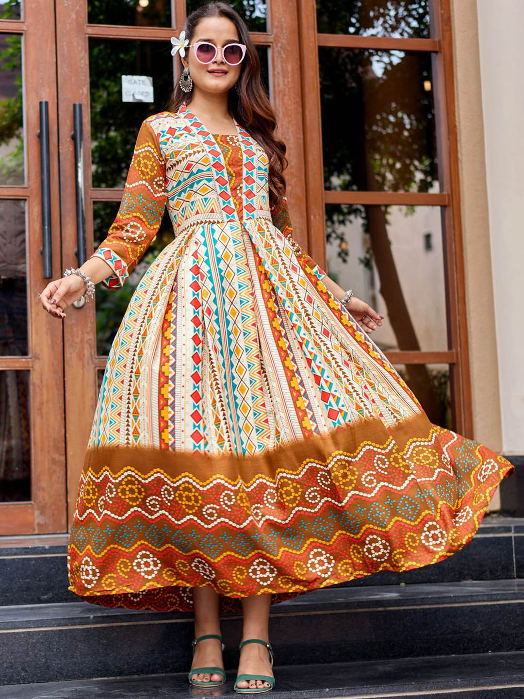 Mitera Geometric Printed Fit And Flare Ethnic Dresses
