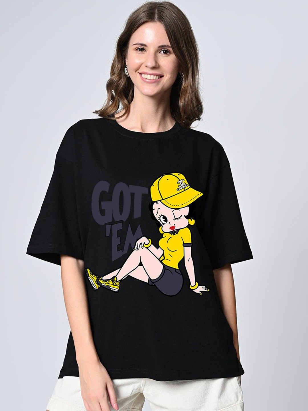 OWL MINK Women Betty Boop Graphic Printed Round Neck Cotton Oversized T-shirt