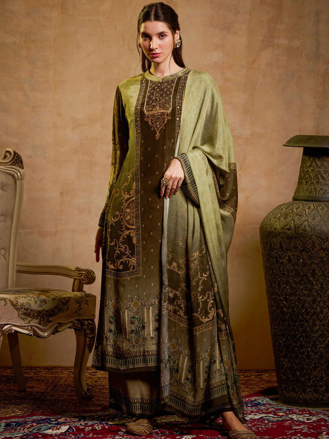 THE BARI Ethnic Motifs Embroidered Straight Beads & Stones Kurta With Trousers & Dupatta