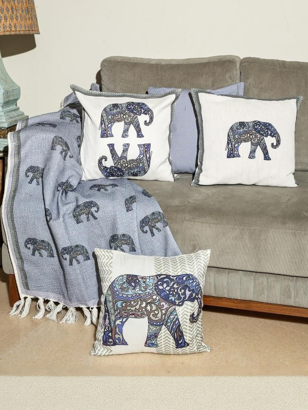 Crown of Poppies Blue & White Set of 5 Square Cushion Covers