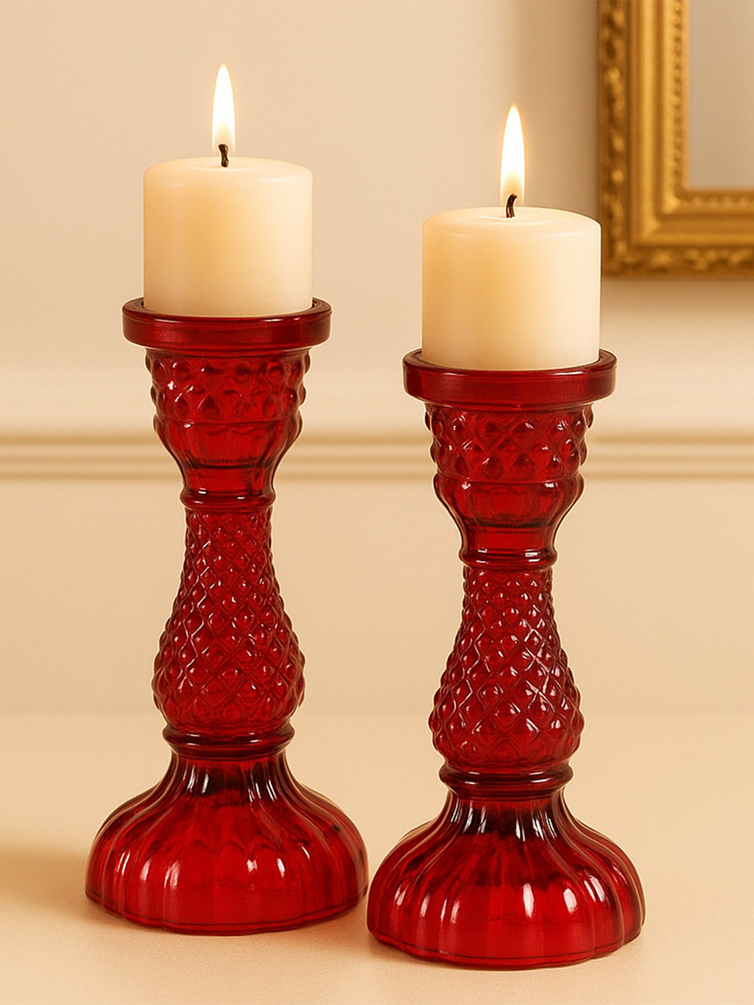 Homesake Set Of 2 Red Solid Glass Candle Holders