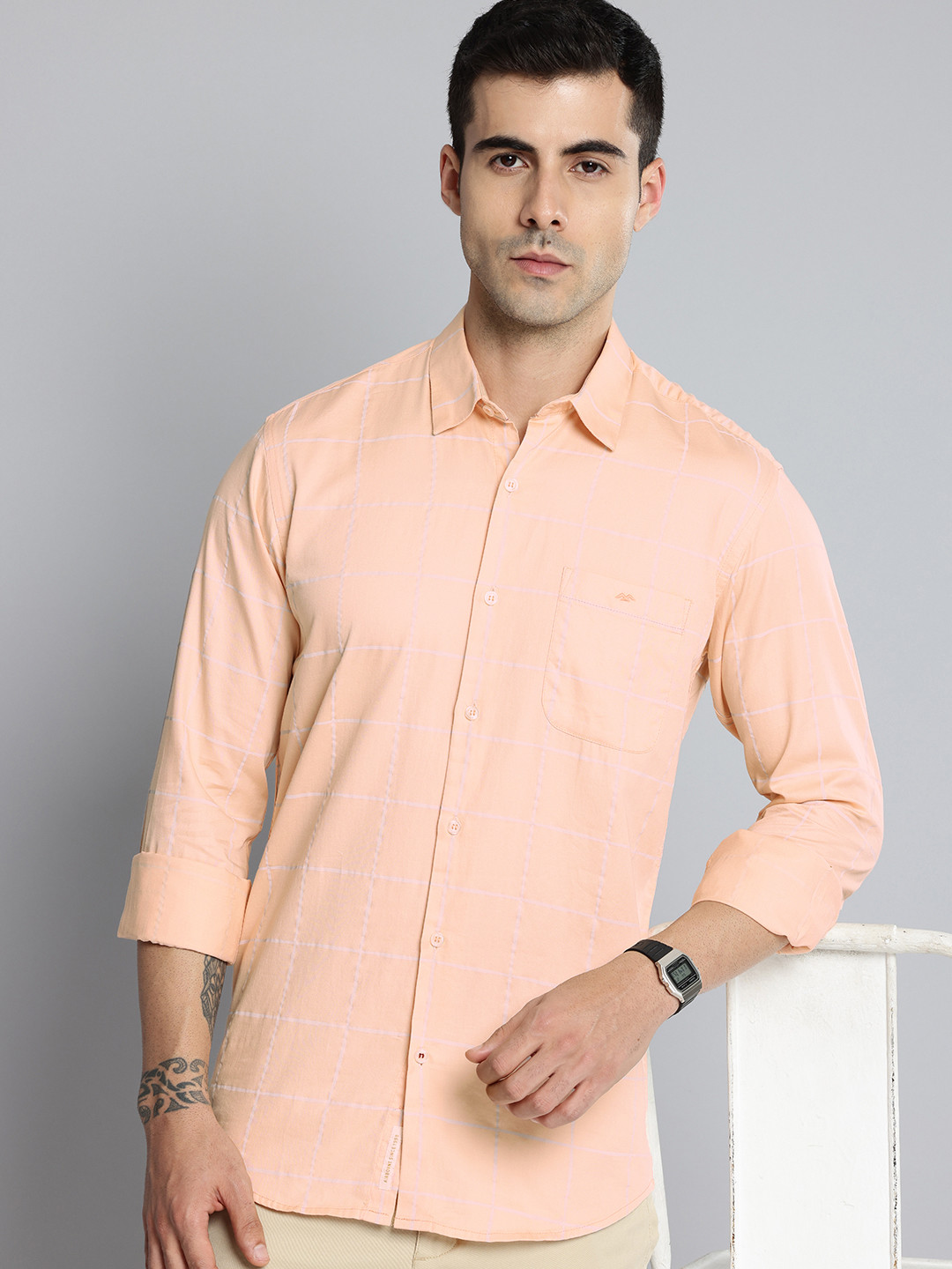 Mufti Pure Cotton Grid Tattersall Checked Slim Fit Casual Shirt