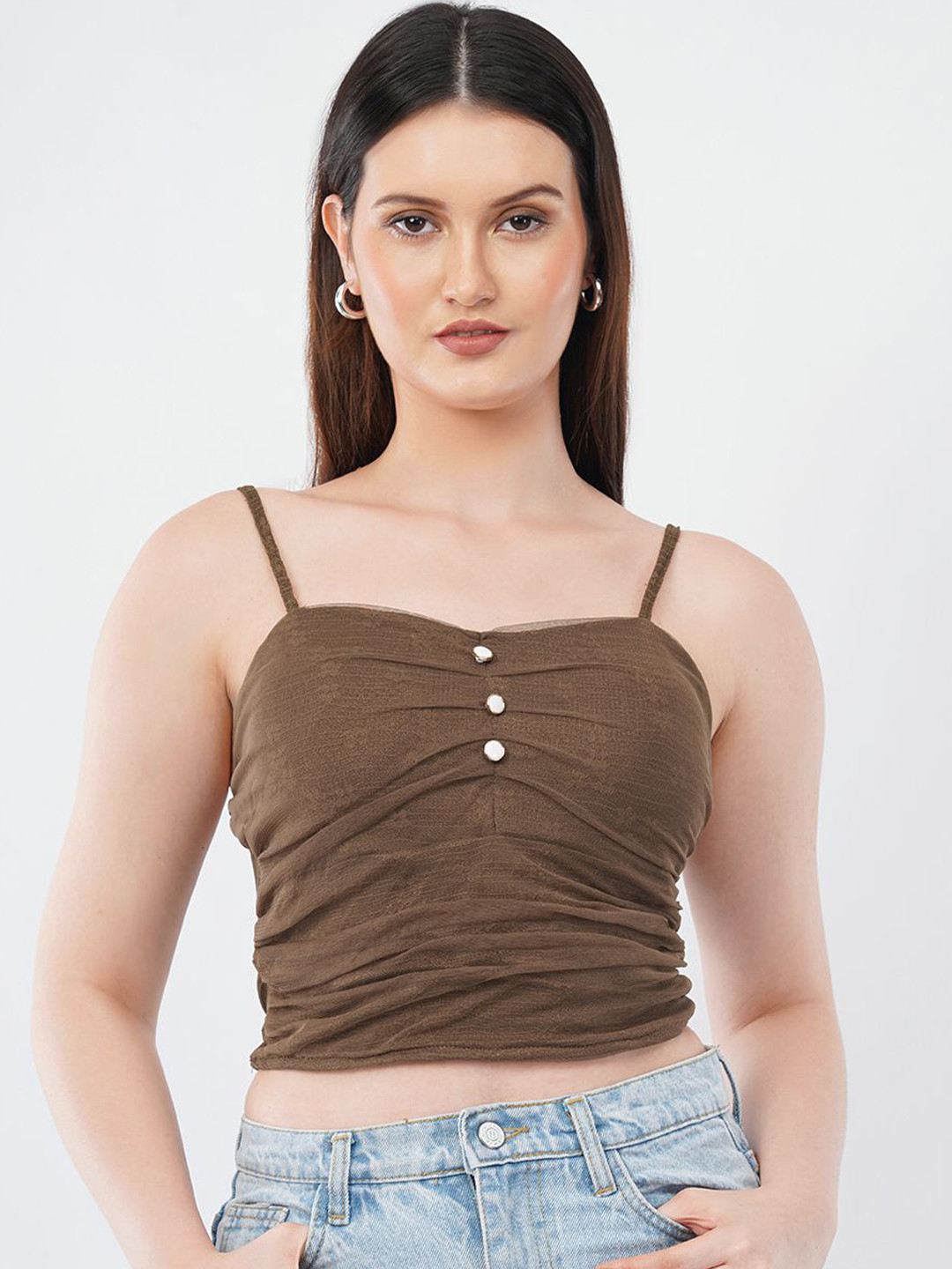 Deshi Girl Embroidered Ruched Net Crop Top with Spaghetti Straps