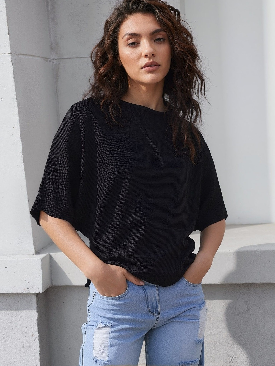 DressBerry Women Black Round Neck Cotton Blend Solid Casual Tops
