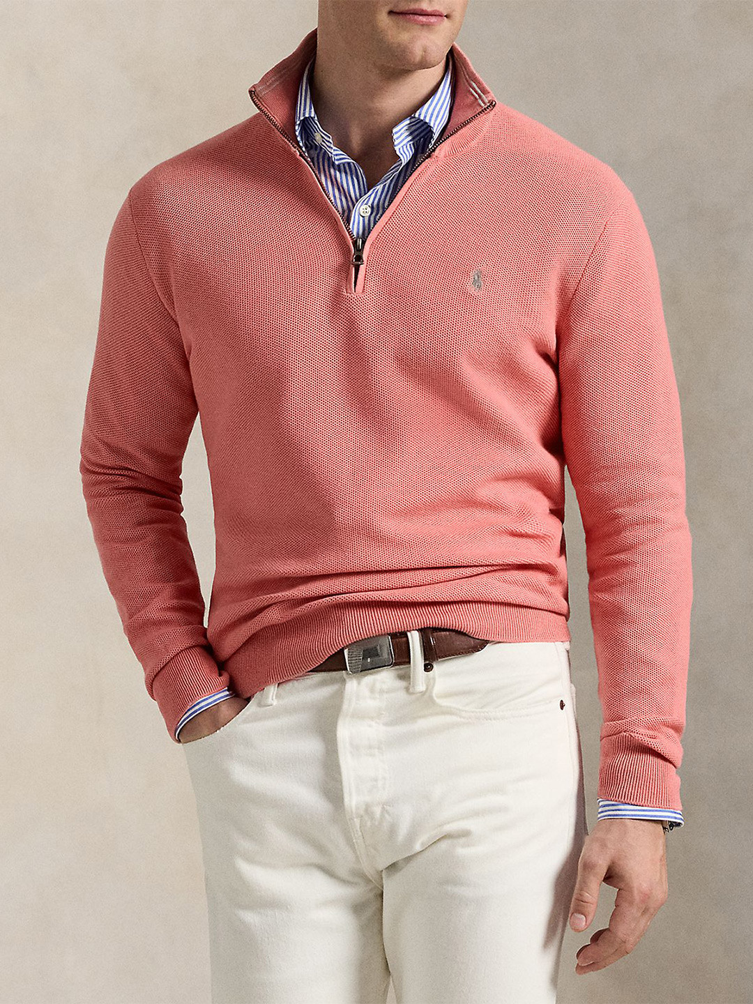 Polo Ralph Lauren Men Pink Mesh-Knit Cotton Quarter-Zip Sweater