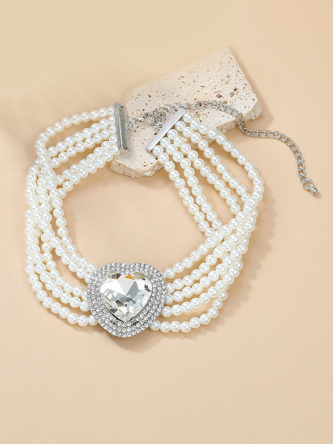 Peora Silver-Plated Cubic Zirconia Studded & Pearls Beaded Heart Shaped Statement Necklace
