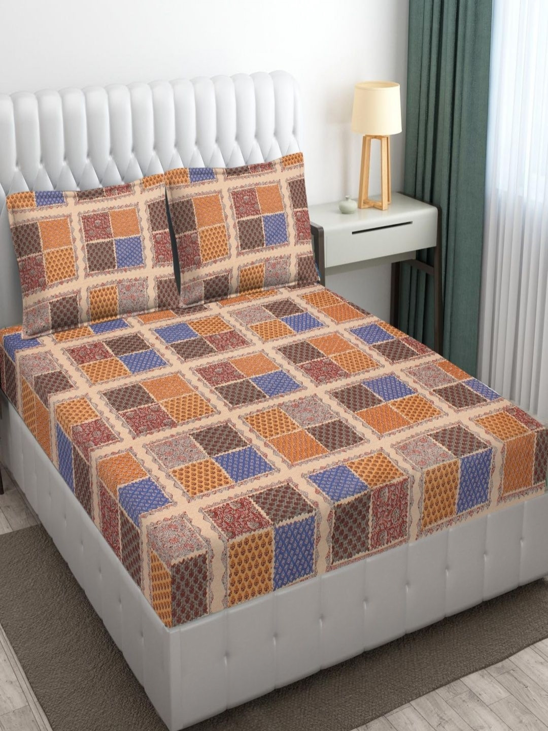 INDRA'S Purple & Blue Geometric Printed 120 TC Queen Bedsheet With 2 Pillow Covers