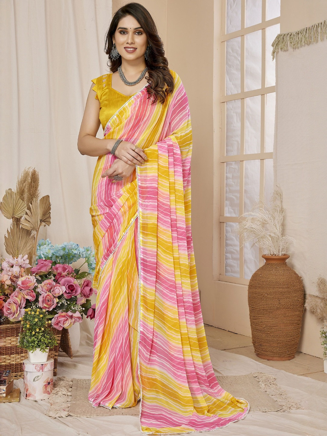 Mitera Multicolored Striped Poly Georgette Saree