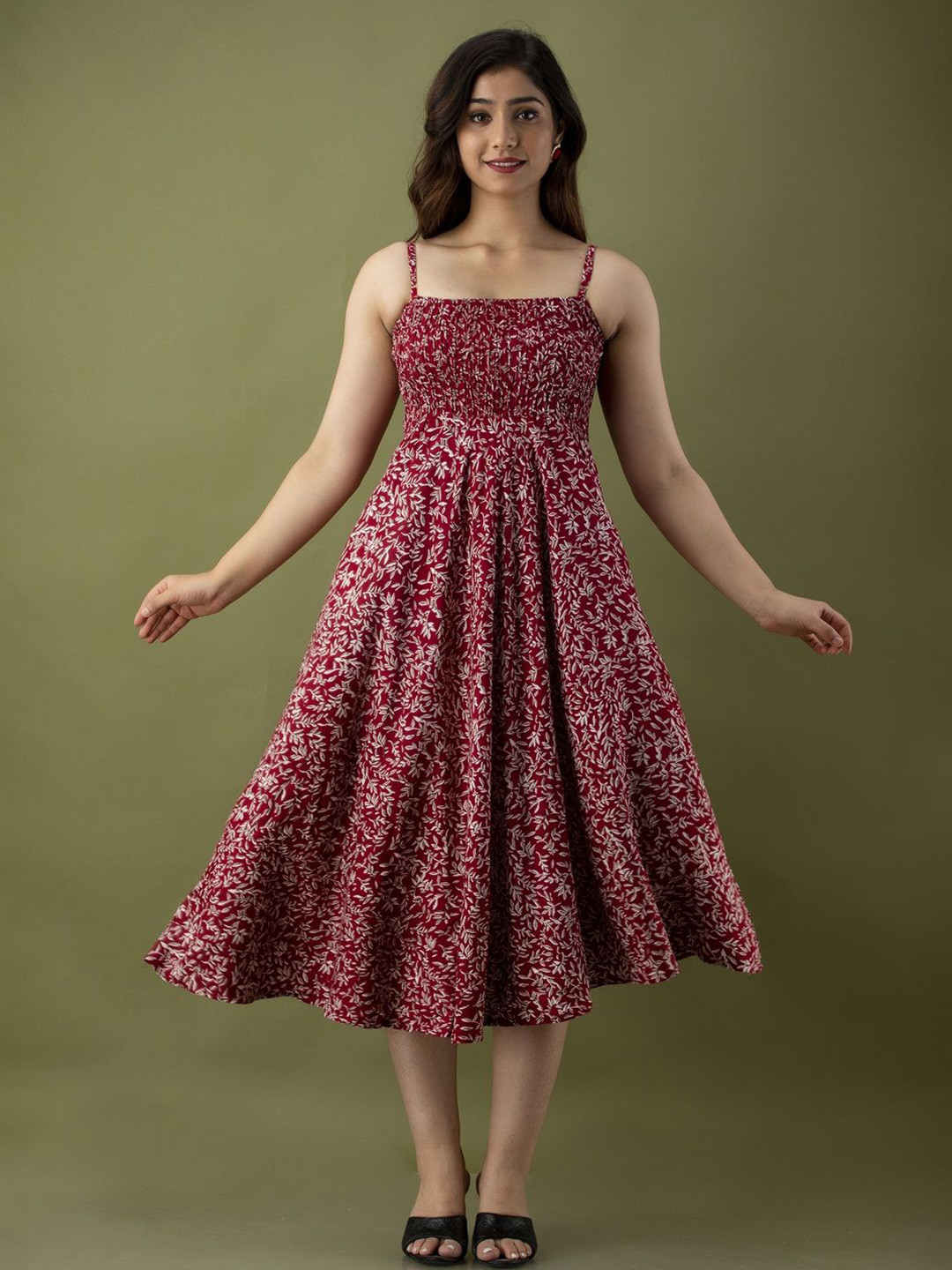 Demirner Floral Printed Square Neck A-Line Midi Dress