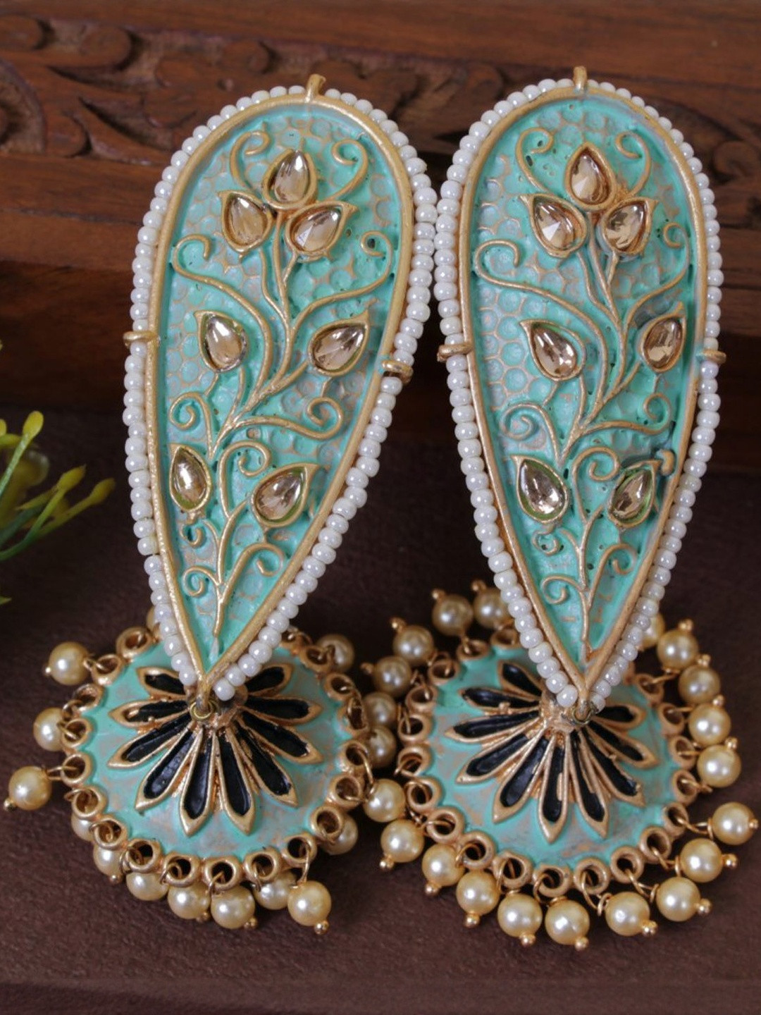 Mint green Meenakari Long Earrings with Kundan Floral Design & Pearl Drops