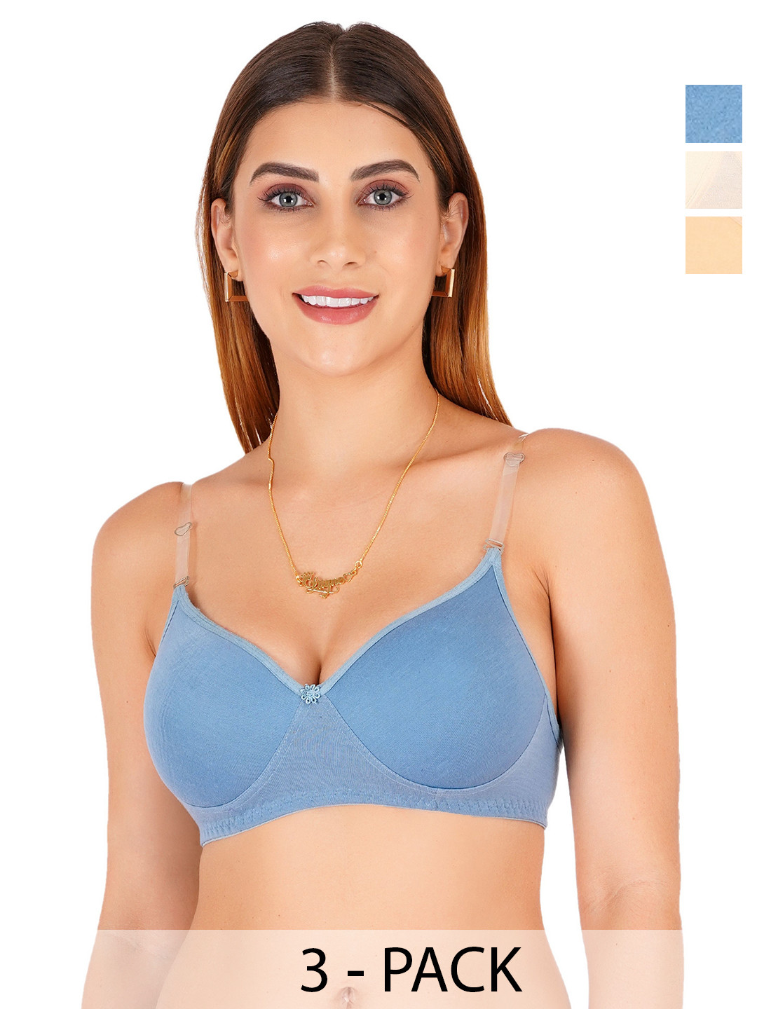 Liigne Pack of 3 Cut and Sew Full Coverage Lightly Padded Bra With Transparent