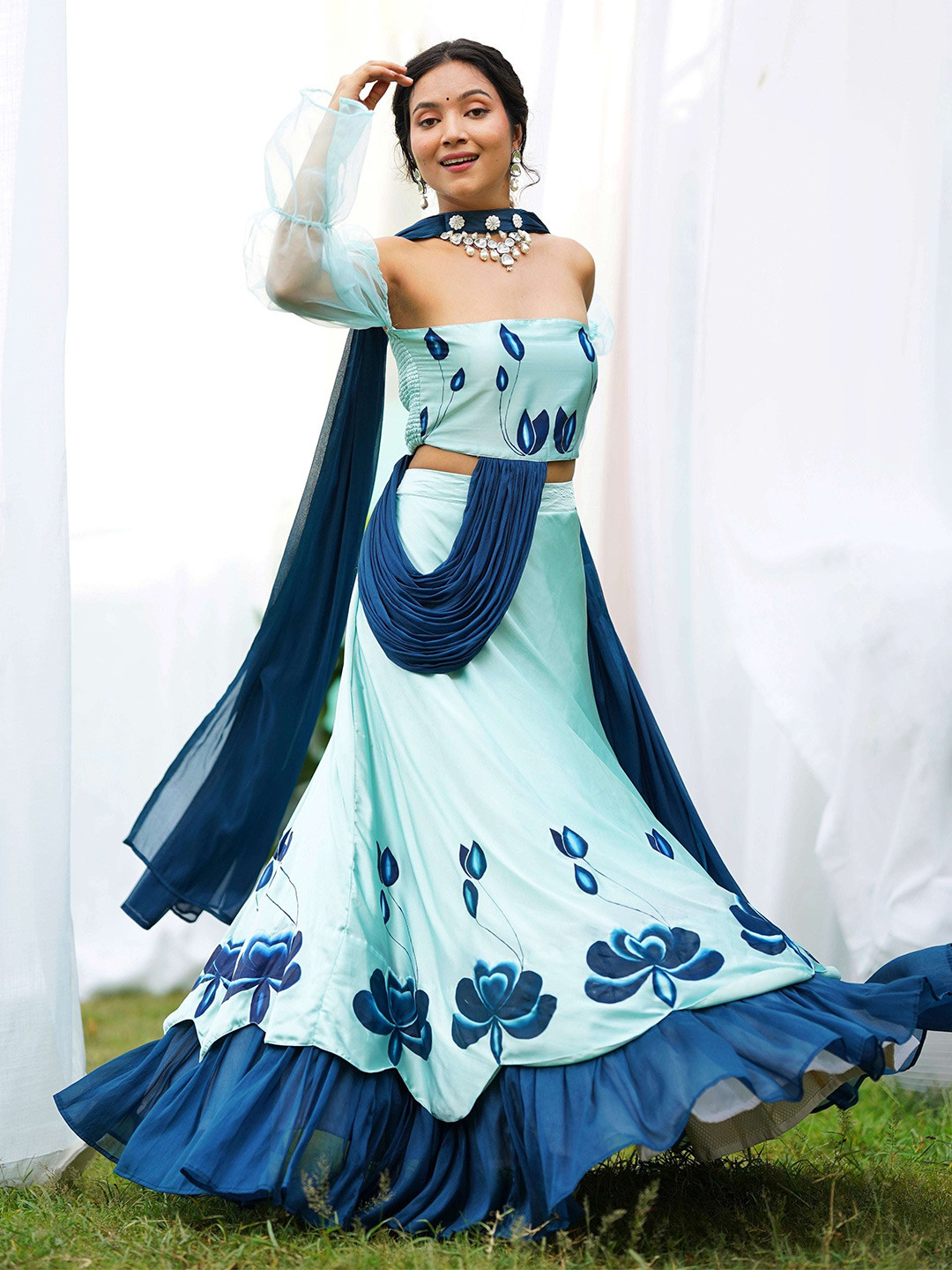 Thread & Button Printed Off-Shoulder Satin Ready to Wear Lehenga With Blouse & Dupatta