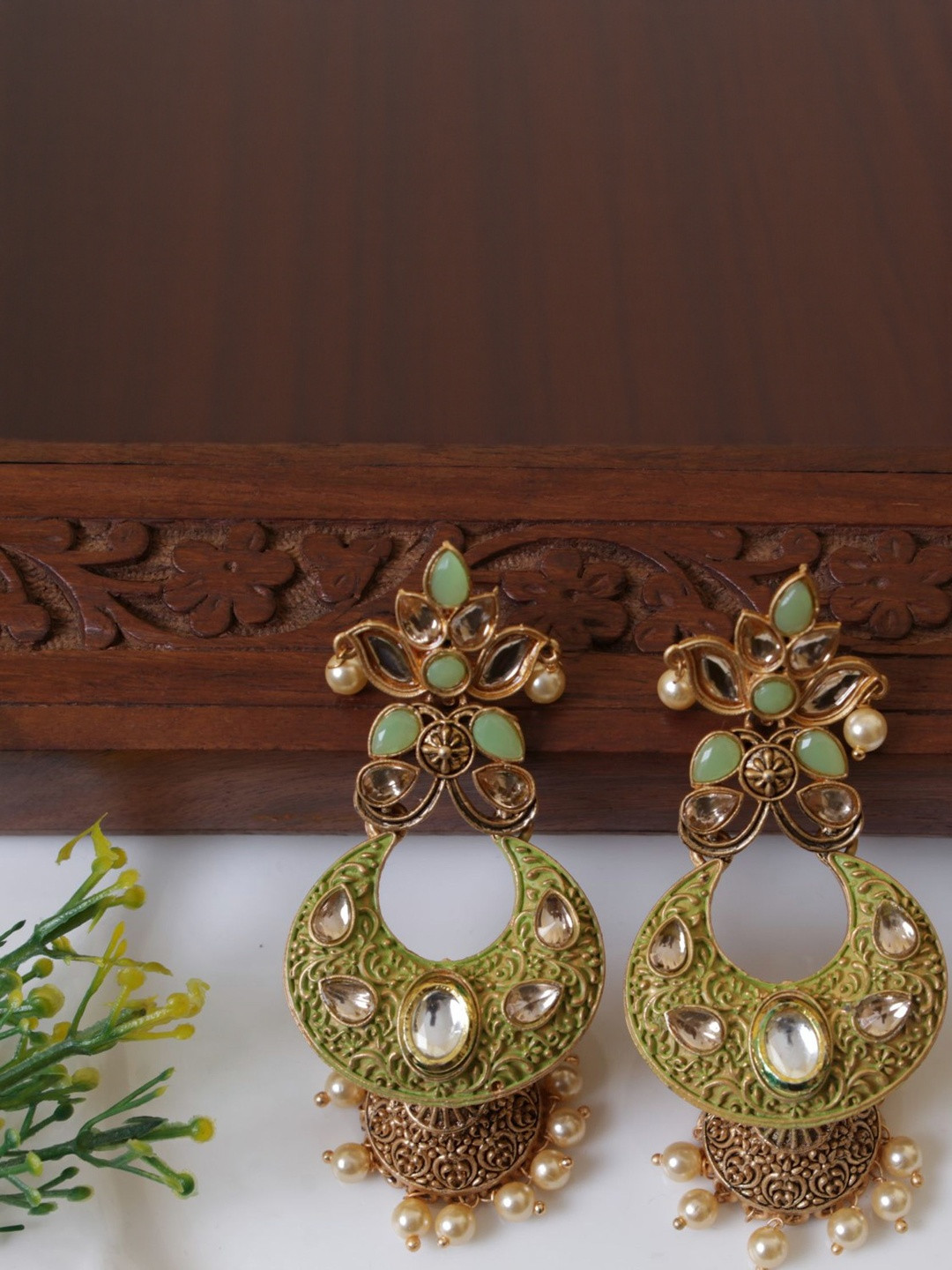 Green Meenakari Chandbali Earrings with Kundan & Pearl Drops