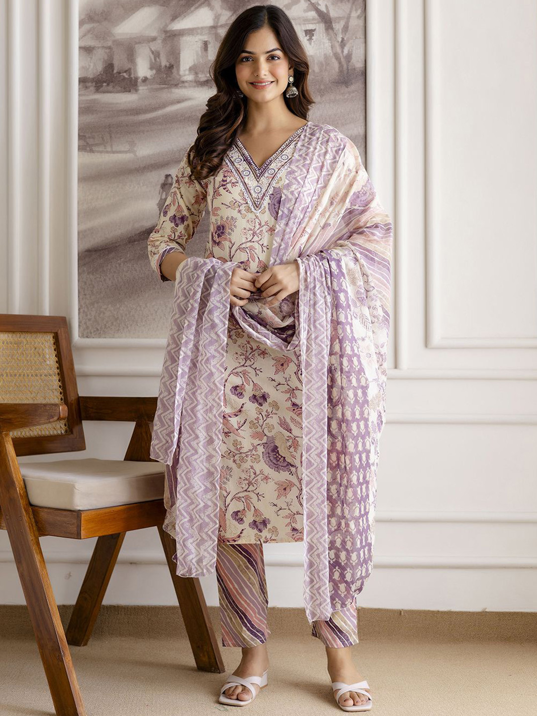 Trendmalls Floral Printed Thread Work Pure Jaipuri Cotton Kurta With Trousers & Dupatta