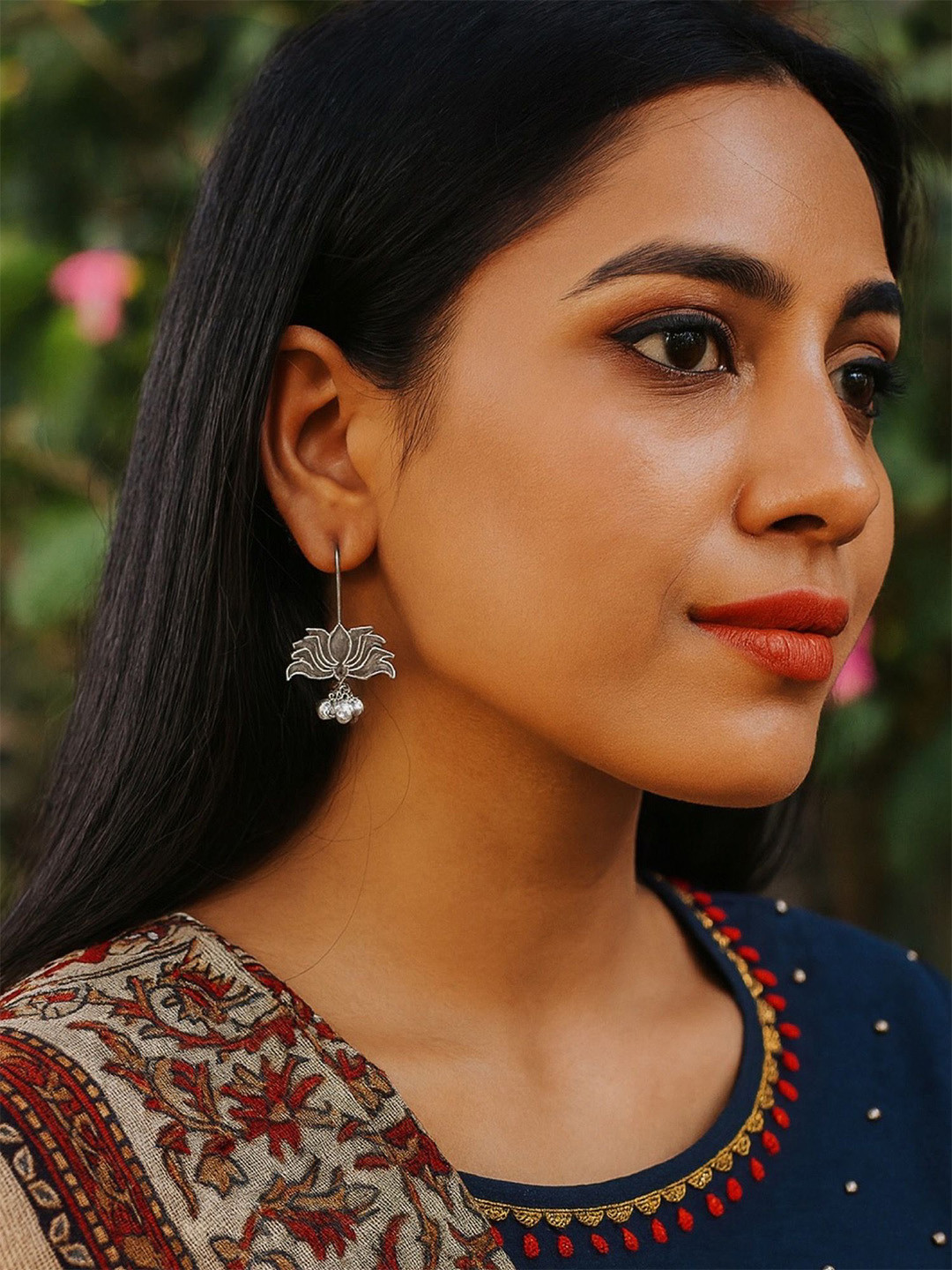 Digital Dress Room Silver-Plated Ghungroo Beaded Oxidised Lotus Shaped Drop Earrings