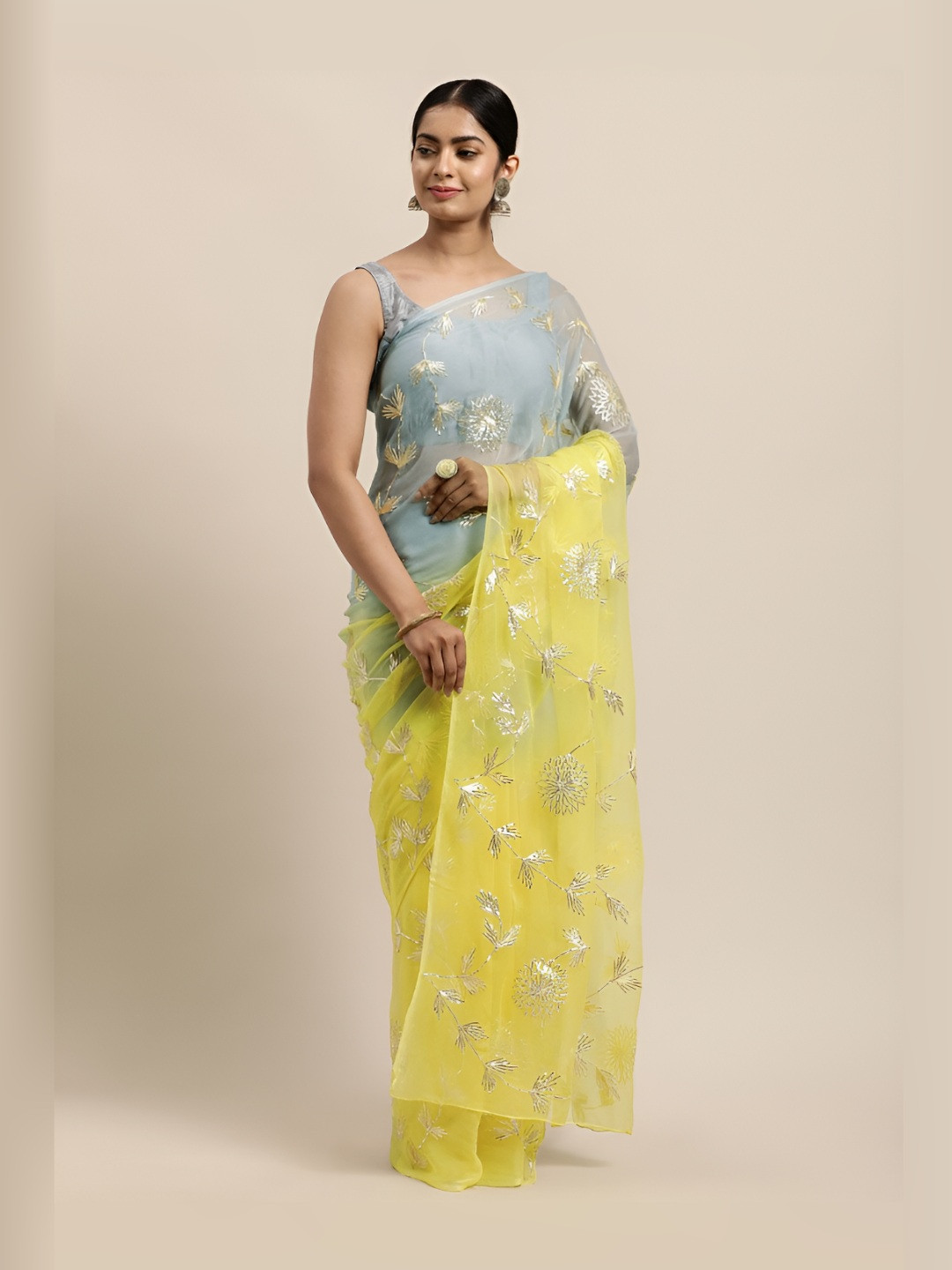V3 FASHION STUDIO Ethnic Floral Embellished Embroidered Organza Half and Half Saree