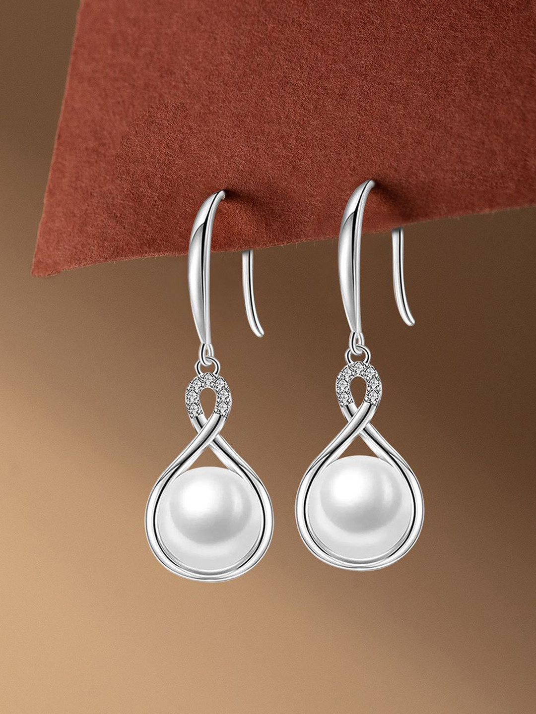 Peora Silver Plated Pearls And CZ Studded Teardrop Shaped Infinity Drop Earrings