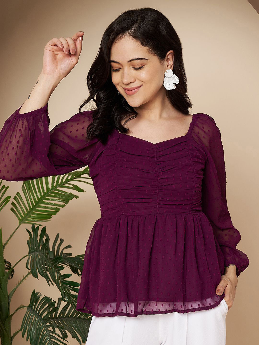 R.Code by The Roadster Life Co. Women Self Design Smocked Design  Puff Sleeve Peplum Top