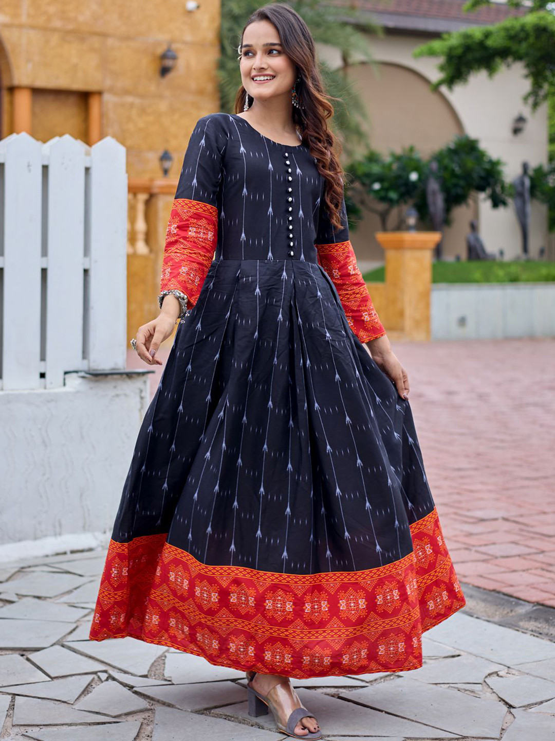 Mitera Ikat Printed Fit And Flare Ethnic Dresses