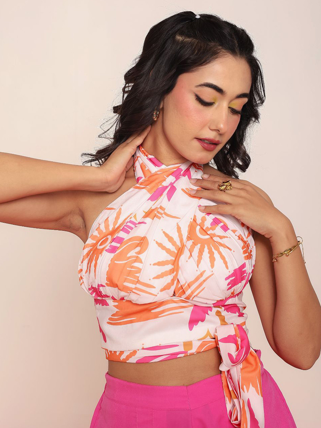 LOVEPRASHA Women Floral Printed Halter Neck Wrap Top