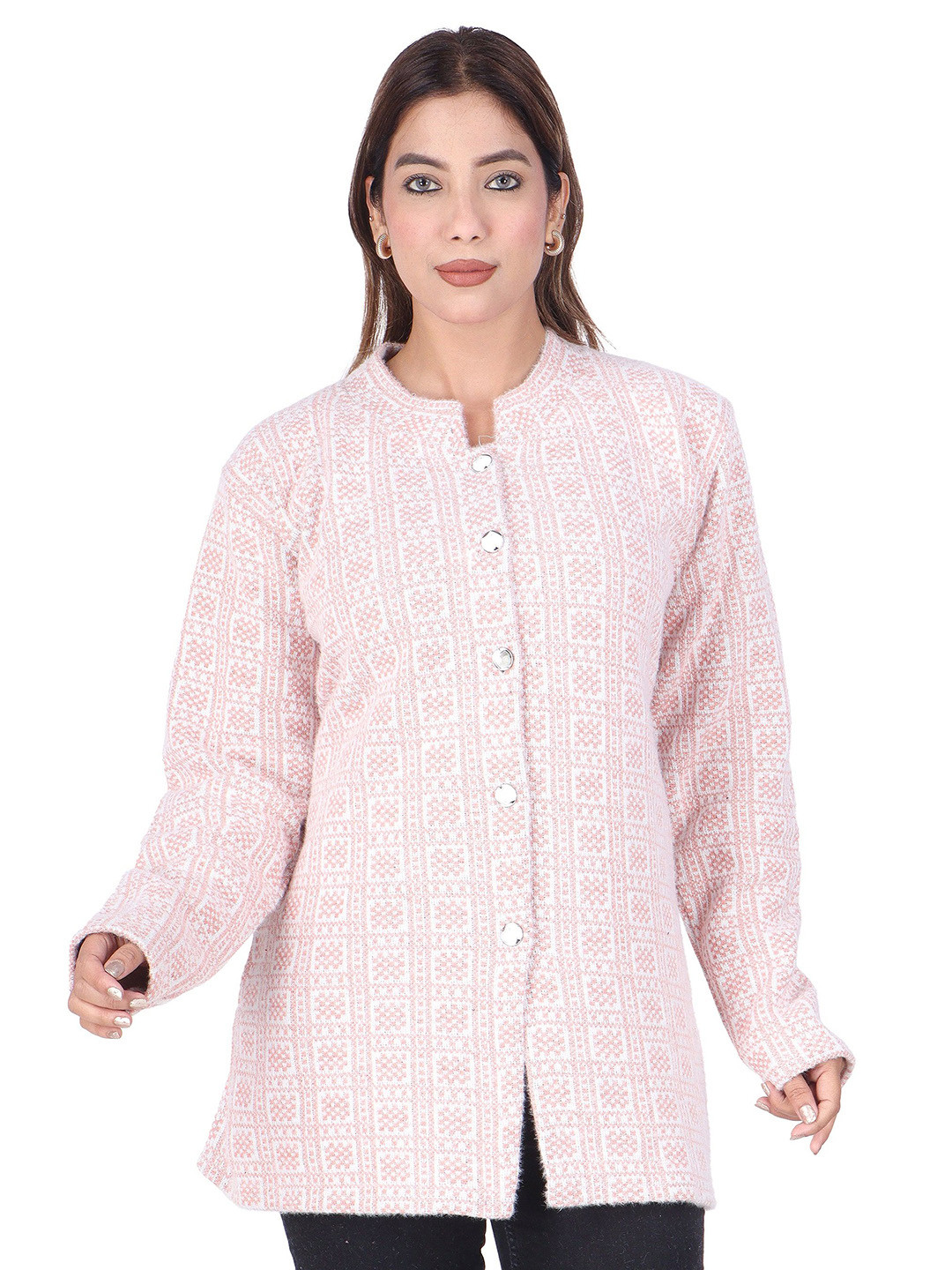 WOOL 4U Women Geometric Printed Wool Longline Cardigan Sweaters
