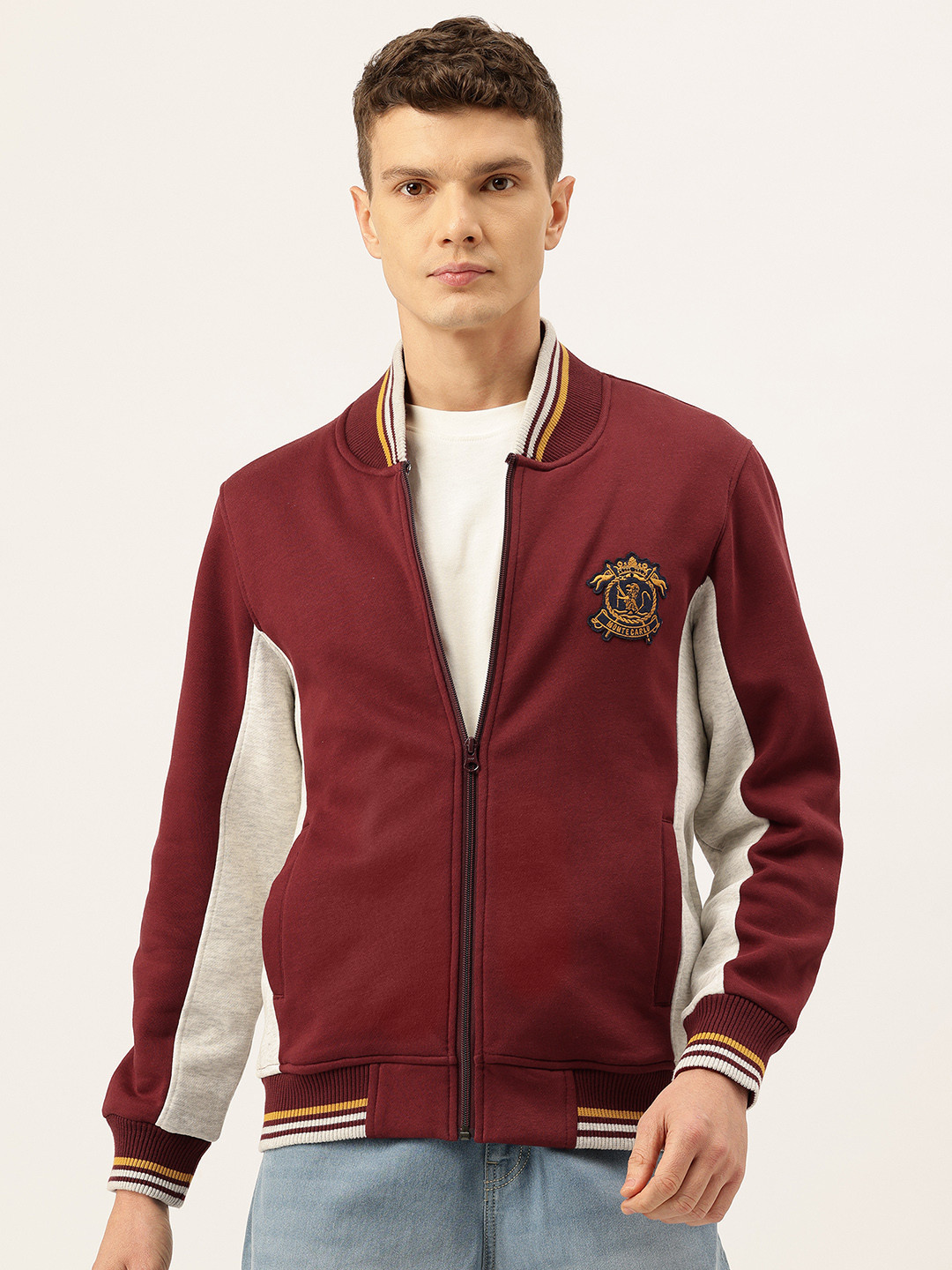 Monte Carlo Colourblocked Stand Collar Cotton Rich Varsity Sweatshirt with Applique Detail