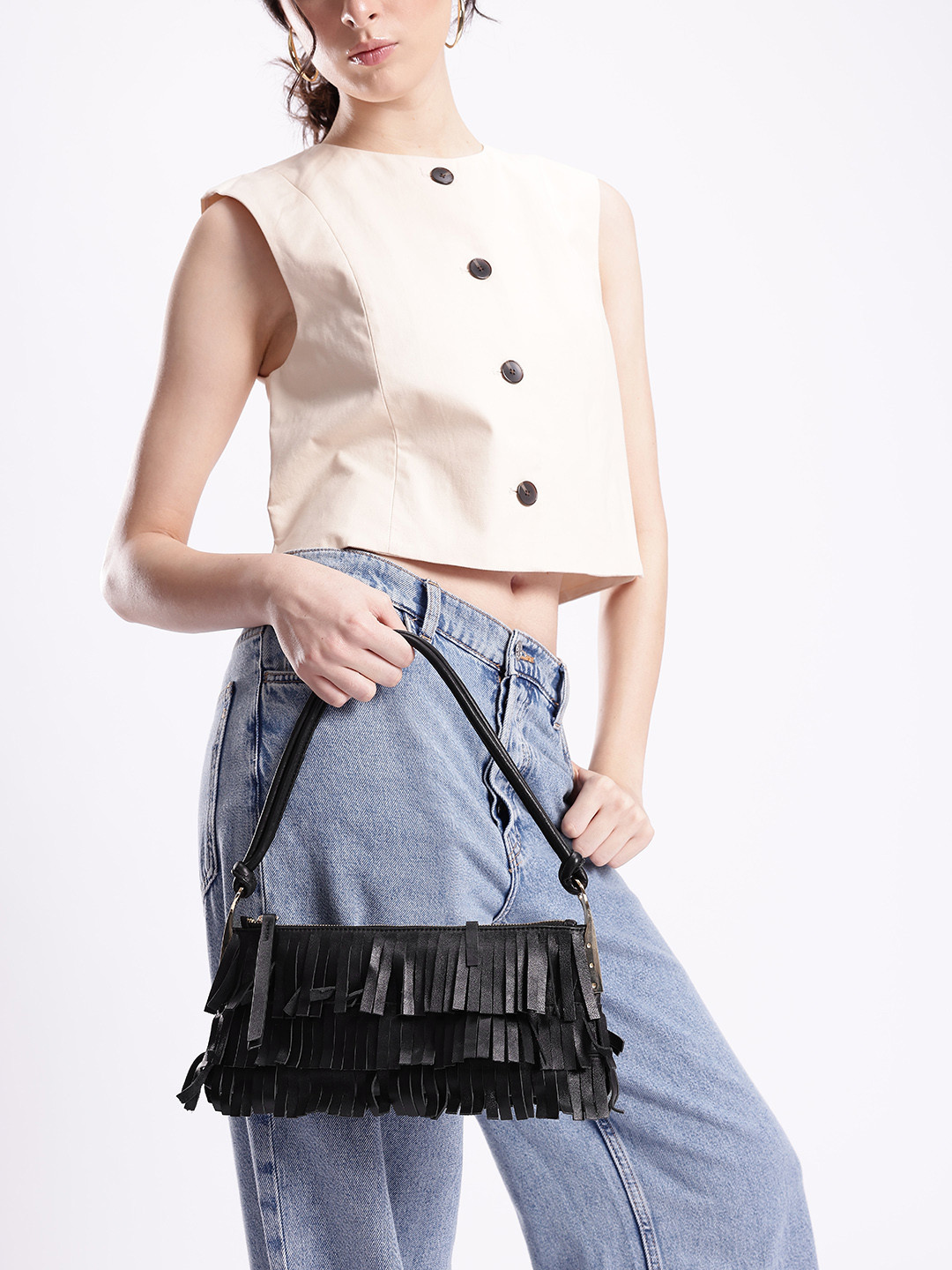 MANGO Leather Baguette Shoulder Bag with Fringed