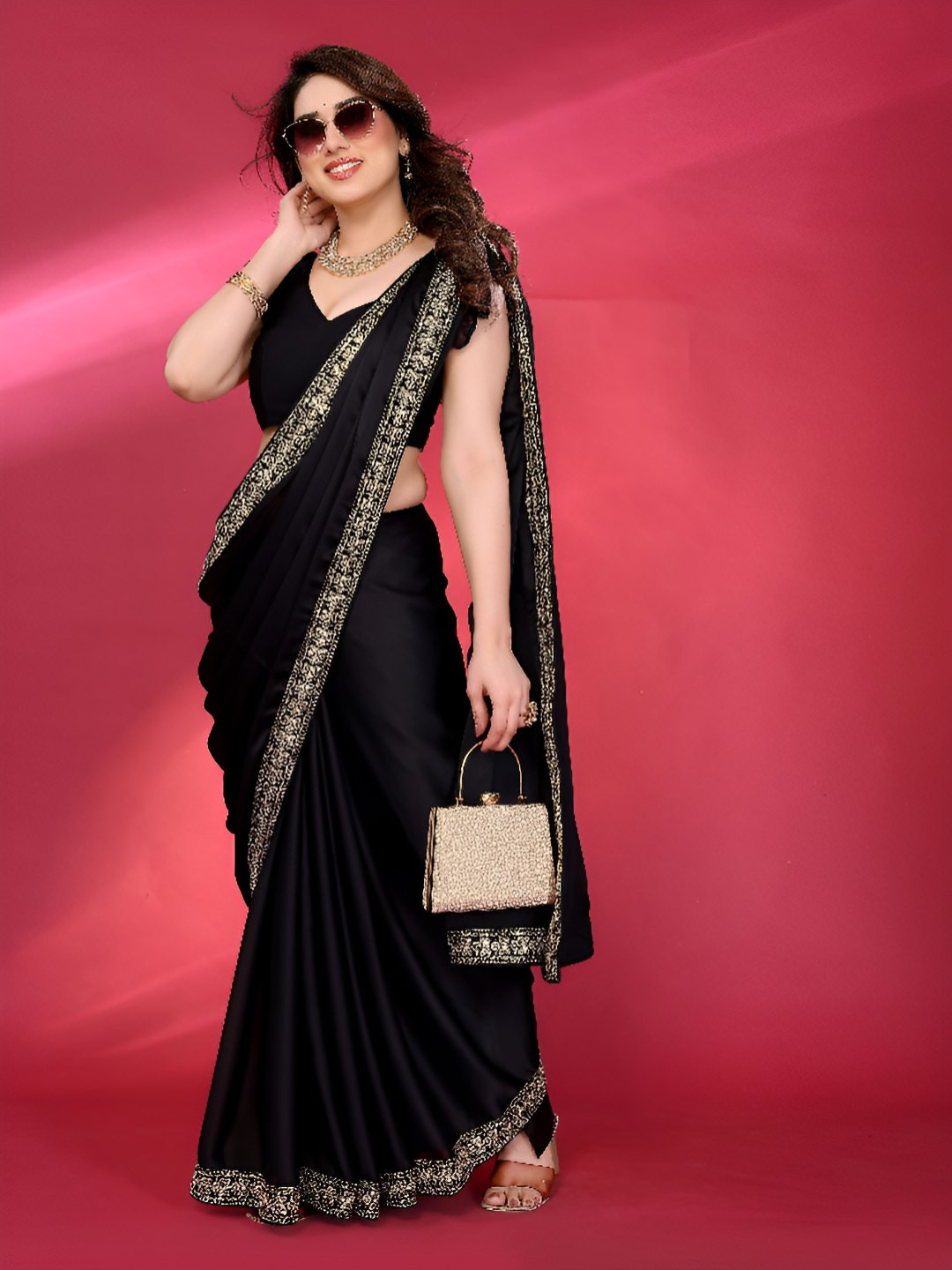 V3 FASHION STUDIO Women's Embellished Heavy Work Satin Saree