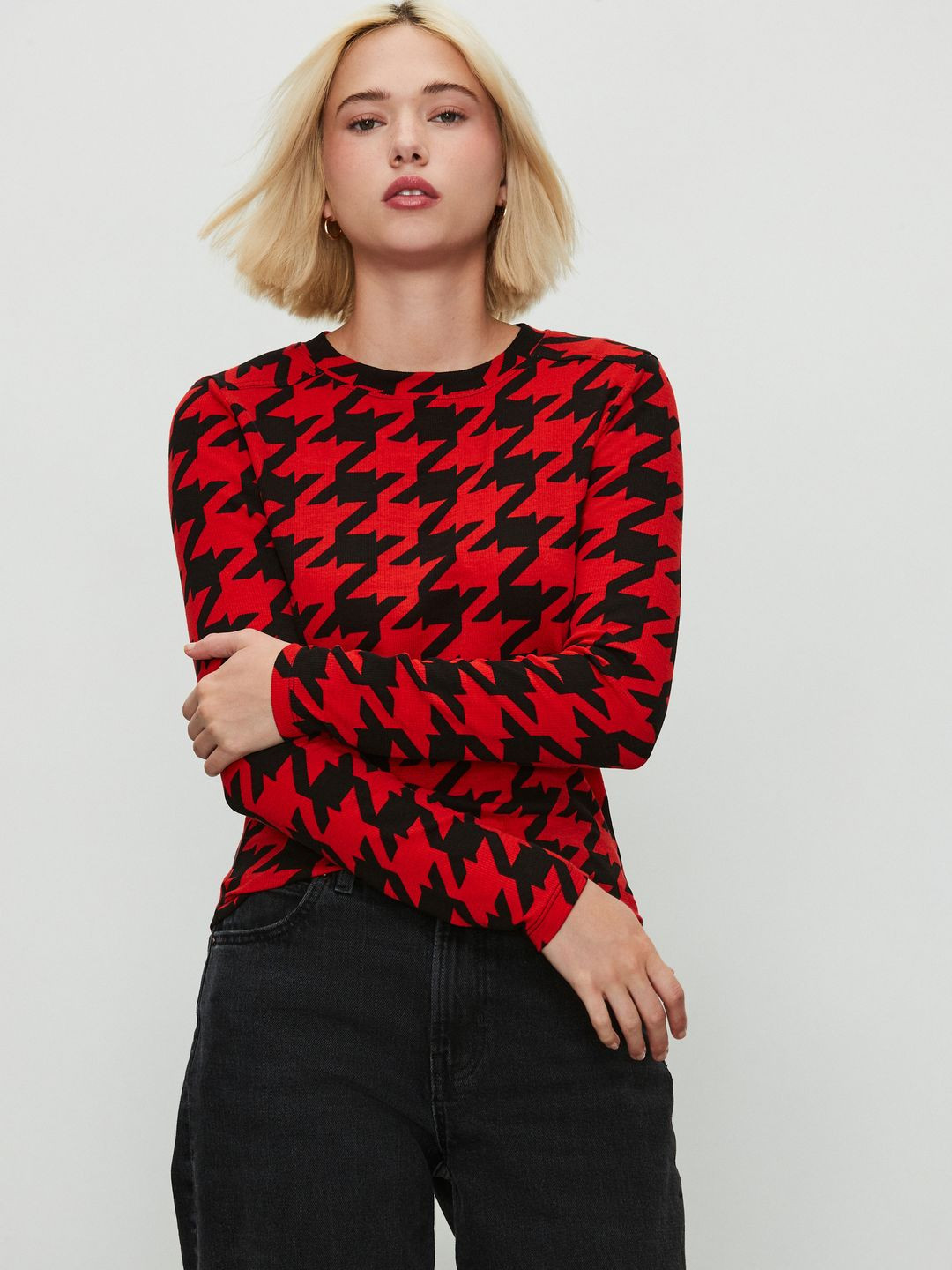 NEXT Houndstooth Print Ribbed Round Neck Fitted Top