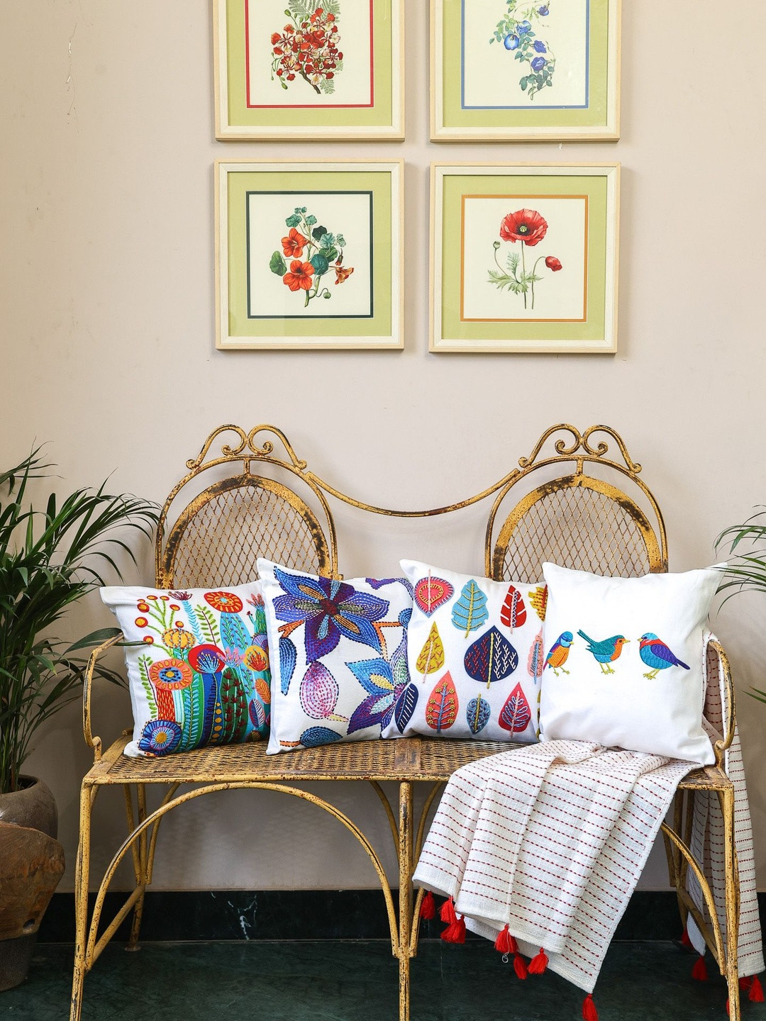 Crown of Poppies Multicoloured Set of 5 Asian Garden Square Cushion Covers And Throw Set