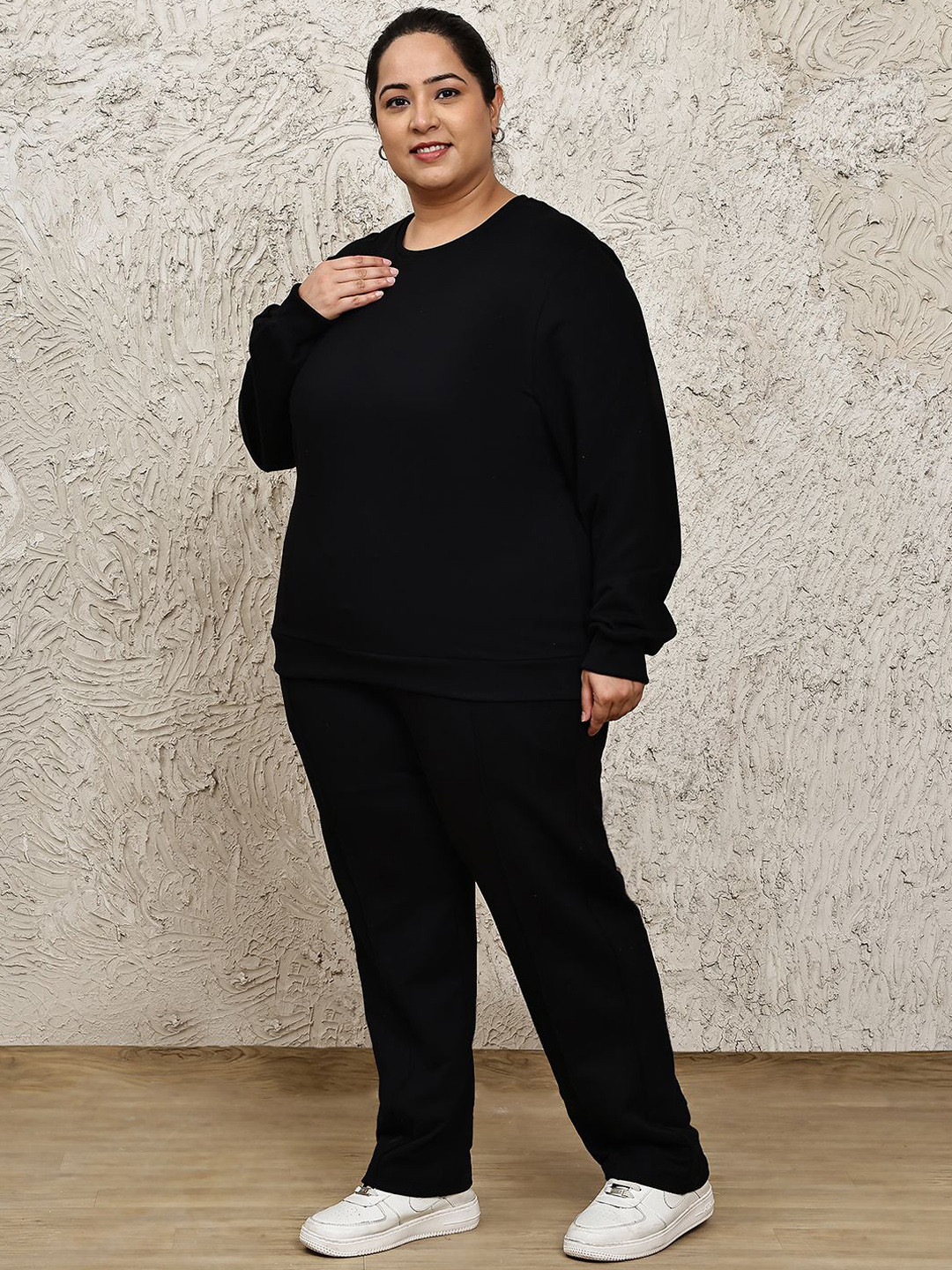 UnaOne Women Black Cotton Solid Casual Plus Size Co-ord Set