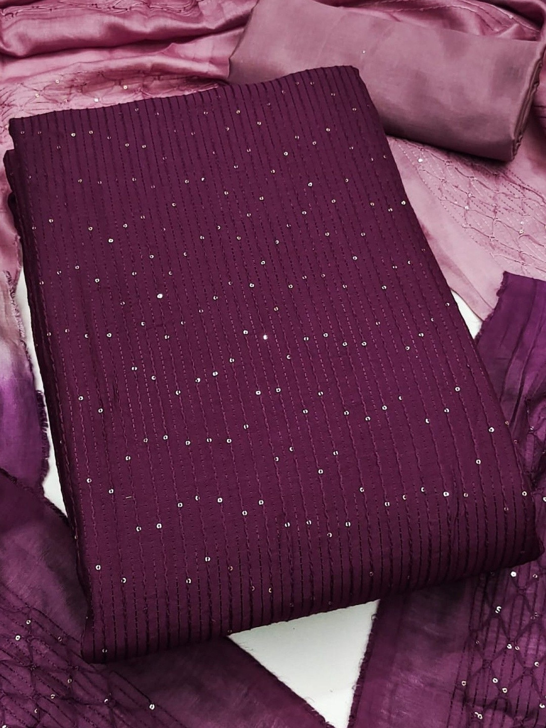 Purple Soft Chanderi Sequence Embroidery Work Unstitched Dress Material