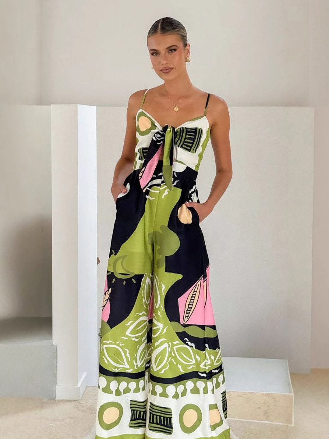 StyleCast Women Printed Shoulder Straps Basic Jumpsuit With Tie-Front Detail