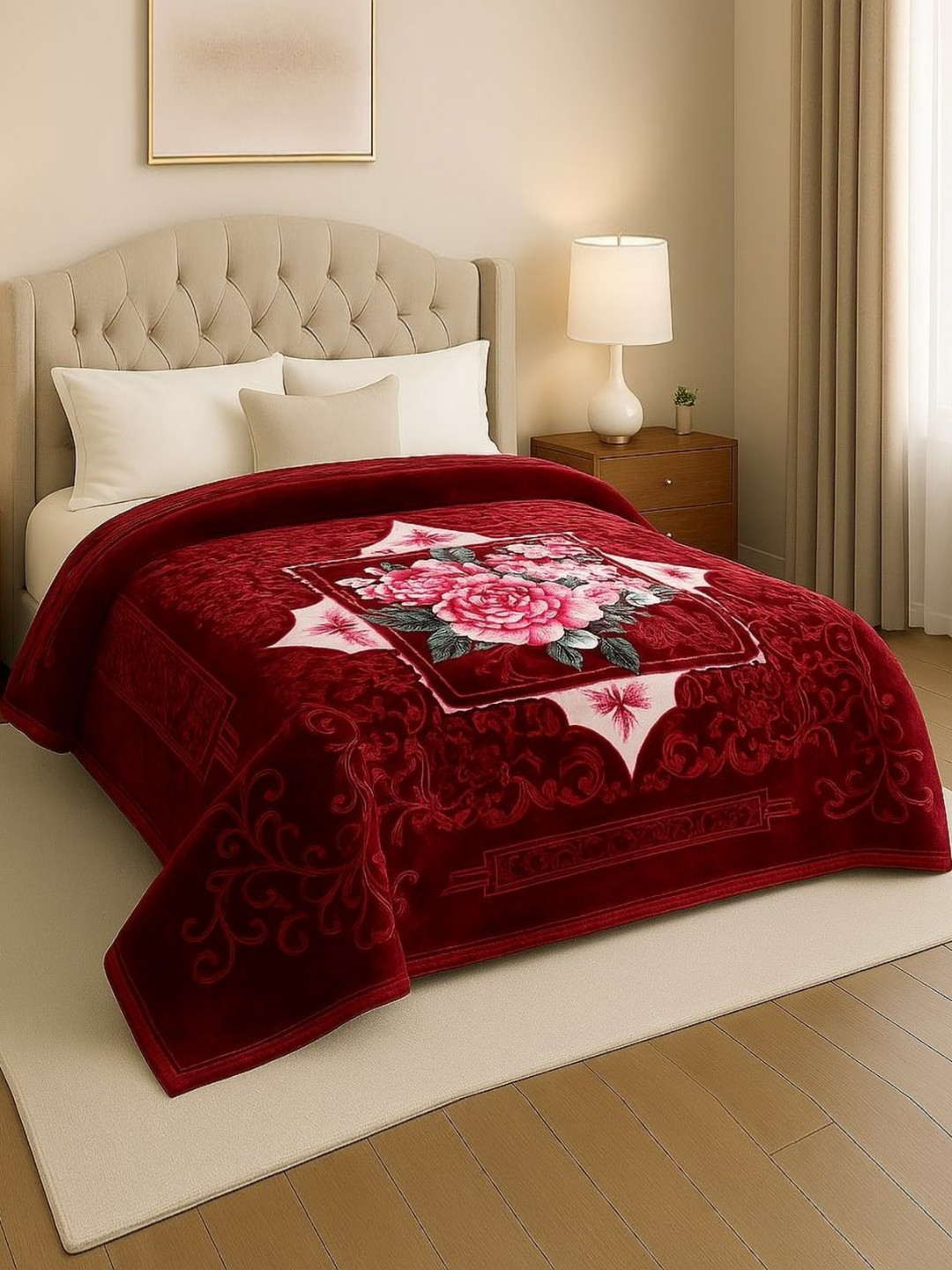 Nivasam Maroon & Pink Floral Mink Mild Winter 500 GSM Double Bed Blanket