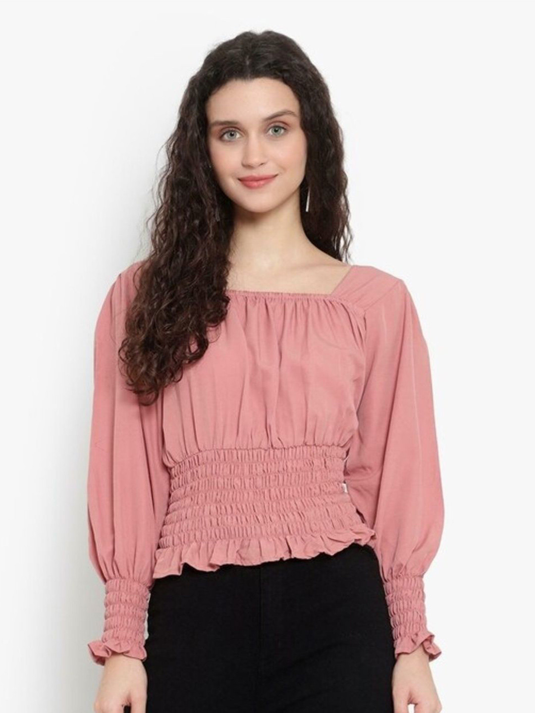 NIKKU FASHION Women Self Design Bishop Sleeves Smocked Ruffles Blouson Top