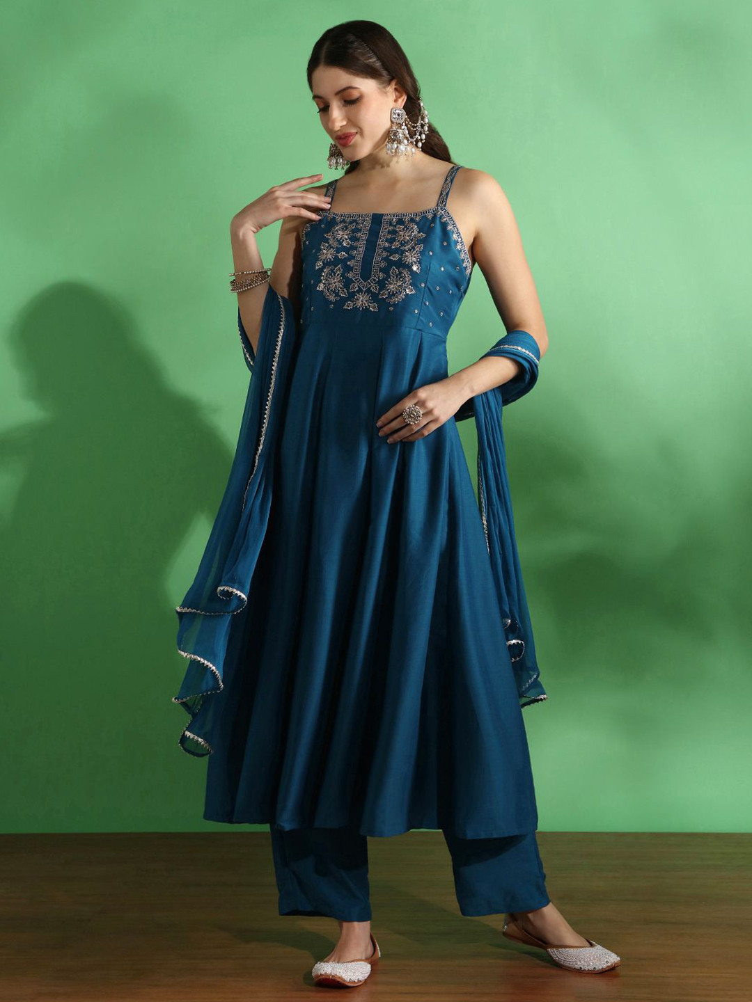 Globus Women Embroidered Yoke Strappy Sleeves Anarkali Kurta With Pant & Dupatta Set