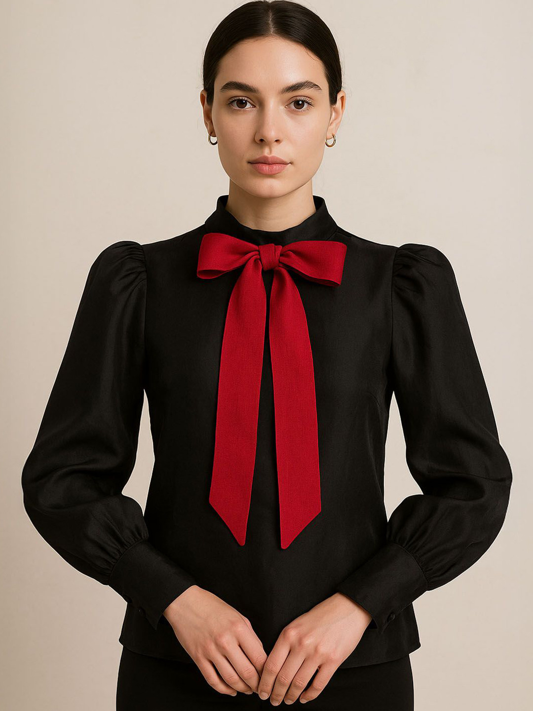 ROOH by SHIVANI Women Solid Casual Shirt Style Top With Statement Bow
