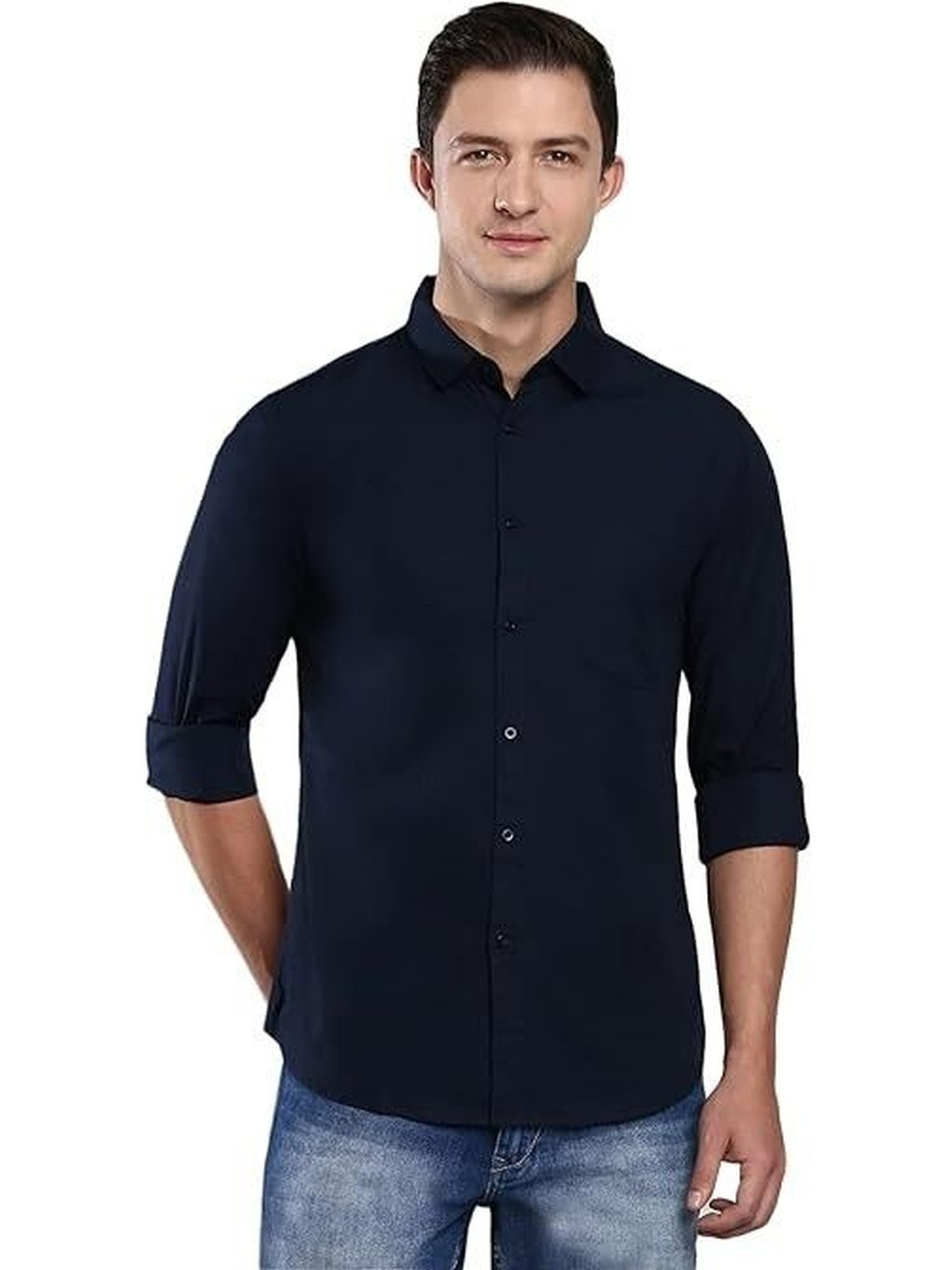 ISUEL FAB Men Navy Blue Solid Long Sleeves Cotton Blend Formal Shirt